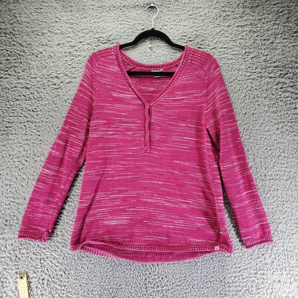 Eddie Bauer Sweater Womens Large Pink Striped Cotton Blend V-Neck Pullover